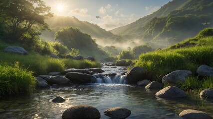 Serene landscape with a flowing river surrounded by lush green hills and a drone flying overhead