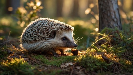 A hedgehog foraging for food in a sunlit forest, surrounded by greenery and soft light