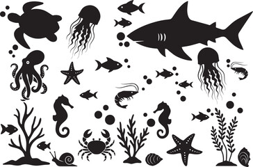 set of underwater or sea animal silhouettes