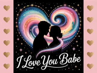 Romantic Valentine's Day card with galaxy heart, embracing couple silhouettes, and "I Love you Babe" script