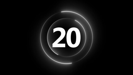 White Neon Number 20 Inside Concentric Circles on Black Background twenty numeral