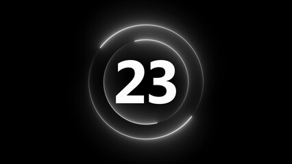 White Neon Number 23 Inside Glowing Circles on Black Background twenty three digit