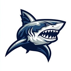 A fierce shark logo with sharp teeth aquatic theme deep blue and silver sports team style isolated on white background