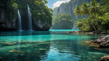 Serene tropical landscape featuring vibrant turquoise waters, lush greenery, and cascading waterfalls