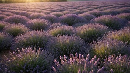 Serene lavender field at sunset, showcasing vibrant purple blooms in a tranquil rural landscape