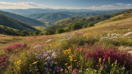 Vibrant wildflower meadow in the mountains, showcasing colorful blooms under a clear sky
