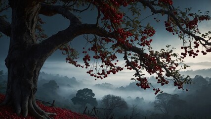 Majestic cherry tree with vibrant red blossoms in misty landscape at dawn, evoking tranquility