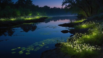 Serene twilight landscape with glowing flowers along a tranquil river, reflecting nature's beauty