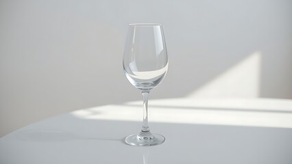 Fototapeta premium Elegant white wine glass placed on a minimalist table with soft lighting reflections.