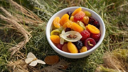 Fresh and vibrant fruit salad in a white bowl surrounded by natural grass and decorative elements