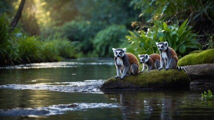 Three lemurs sitting on a mossy rock by a serene river, surrounded by lush greenery and sunlight