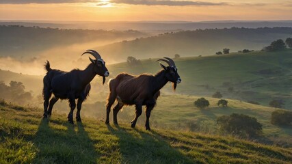 Two goats standing on a hillside during sunset, with a misty landscape and distant hills in the background