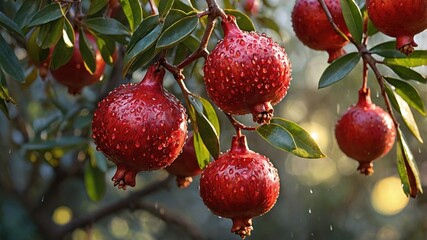 Vibrant pomegranates hanging on a lush tree branch, glistening with dew in a serene garden setting