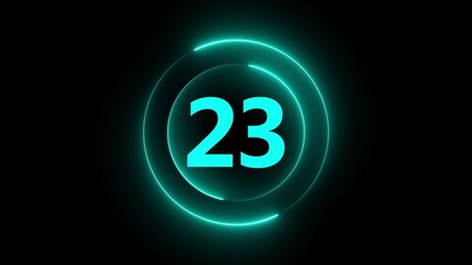 Cyan Neon Number 23 Inside Glowing Circles on Black Background twenty three digit