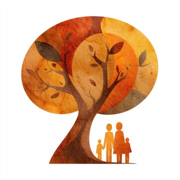 A heartwarming family logo with a tree and silhouettes warm earth tones unity and love isolated on white background