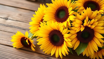 Close-up of vibrant sunflowers on a wooden surface, radiating warmth and rustic charm.
