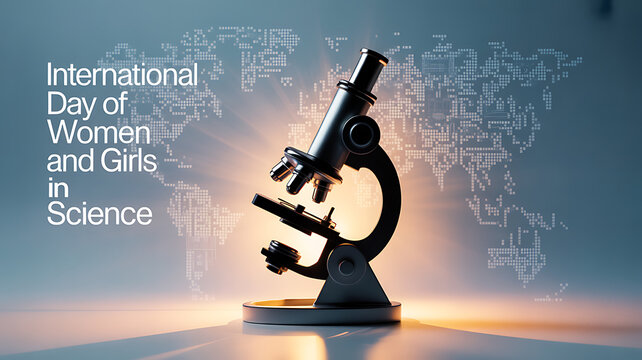 Microscope on a desk with world map background celebrating International Day of Women and Girls in Science