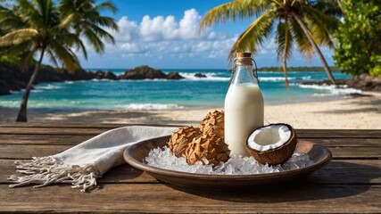 Tropical beach scene featuring a wooden plate with coconut, nuts, and milk bottle against a scenic ocean backdrop