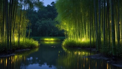 Serene bamboo grove illuminated at night, reflecting in calm water, surrounded by lush greenery