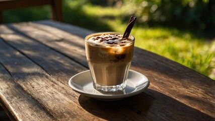 Refreshing iced coffee served in a clear glass on a wooden table with a sunny garden backdrop