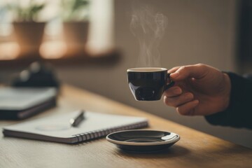Steaming Cup of Coffee in Hand, Cozy Workspace, Morning Ritual, Coffee Break, Relaxing Moment