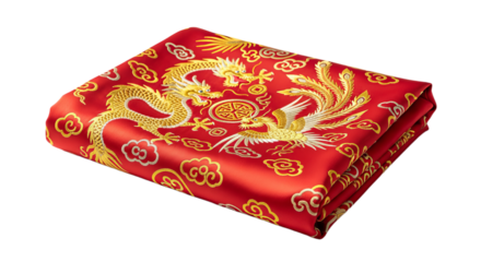 Beautifully folded red scarf with intricate Chinese embroidery featuring dragons and phoenixes