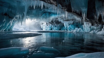 Stunning icy cave with shimmering blue ice formations and reflective water, illuminated by sunlight