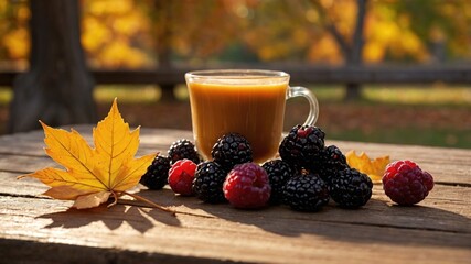 Autumn beverage scene featuring a glass of warm drink surrounded by fresh berries and leaves