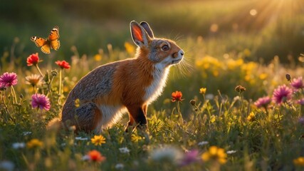 A serene rabbit sitting among colorful wildflowers, with butterflies fluttering in a sunlit meadow