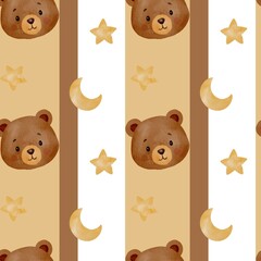 Cute watercolor seamless pattern with teddy bear character for baby nursery kids products textile fabric and decoration design