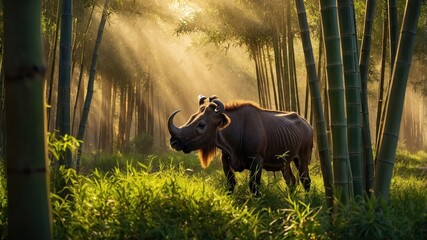 Majestic wildebeest standing in a lush bamboo forest with sunlight filtering through trees
