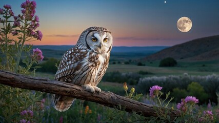 Majestic owl perched on a branch surrounded by vibrant flowers under a full moon at dusk