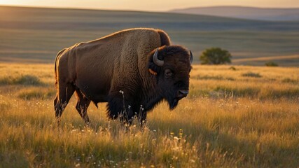 Majestic bison standing in a golden meadow during sunset, with rolling hills in the background