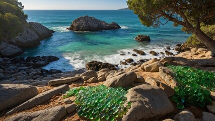 Scenic coastal view featuring green glass bottles arranged on rocks, with waves crashing in the background