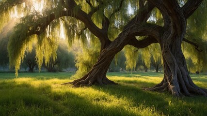 Serene sunlight filtering through lush willow trees in a tranquil green meadow at dawn