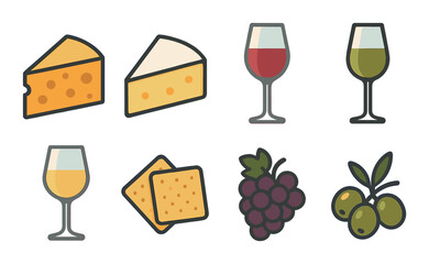 Cheese, wine, and snack icons on gradient background
