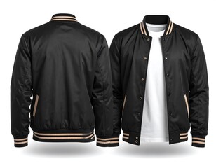 Sleek black bomber jacket with classic striped collar and cuffs, front and back views on white for modern apparel design inspiration