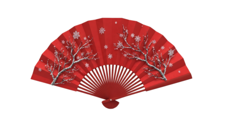 Decorative red fan with winter decorations fully opened, showcasing snowflakes and branches in a festive design