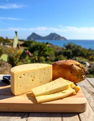 Cheese platter on a wooden board with a view