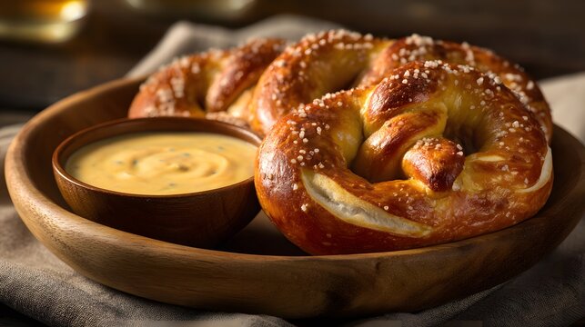 Golden brown soft pretzels served with a rich cheese dip in a rustic wooden bowl