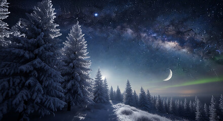 Magical winter forest under a starry night sky with crescent moon and aurora
