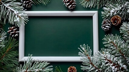 Winter Flat Lay with Evergreen Sprigs and Empty Photo Frame
