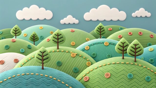 Whimsical landscape with textured hills and fluffy clouds