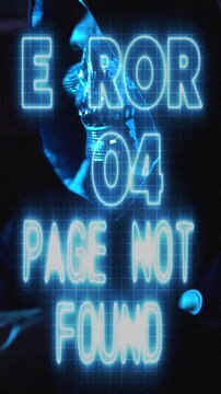 Vertical Hacker in Hoodie with Laptop in Darkness and Error 404 Page Not Found Animation