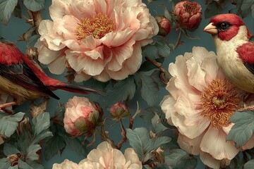 Fabric texture seamless pattern background China-inspired peony and bird motifs on silk soft pastels with delicate brushstrokes