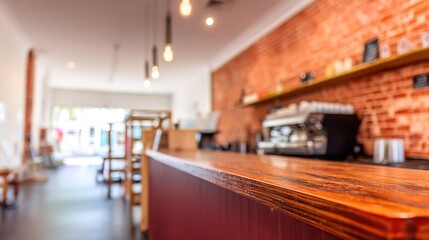 counter. Empty cafe interior with a wooden counter and red brick wall, bathed in soft natural daylight. lifestyle magazines, social media lookbooks, designed for influencer and brand collaborations.