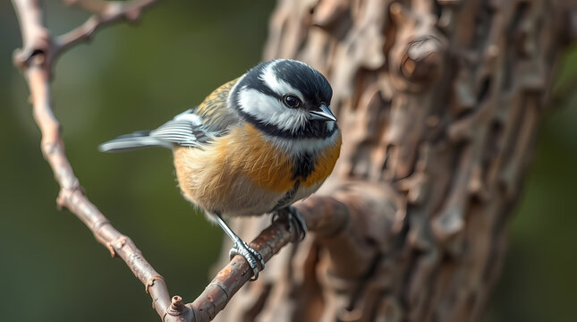 A curious tit sits on a tree branch and looks into the frame.