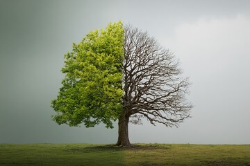 Single tree divided in half with one side lush green and the other barren and leafless, dramatic symbolic illustration of climate change, ecological contrast, and nature’s fragility.