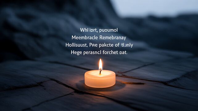 A single lit candle on a stone surface at dusk, with text overlay in an unreadable script.