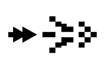 Set of geometric black ribbon and arrow graphics with disintegrating pixel effect on a white background.vector icon